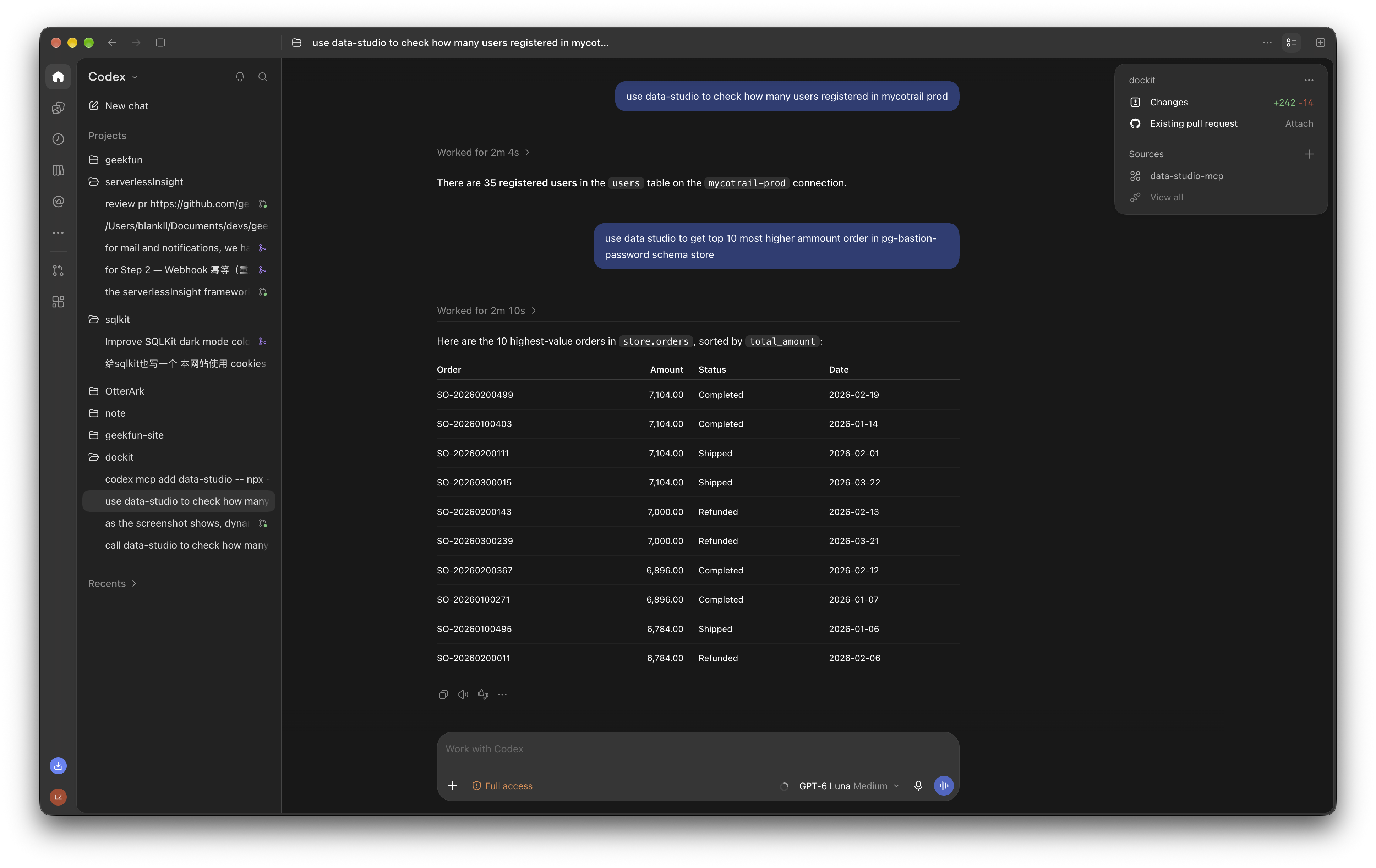 Codex using Data Studio to query connected databases and display the results.