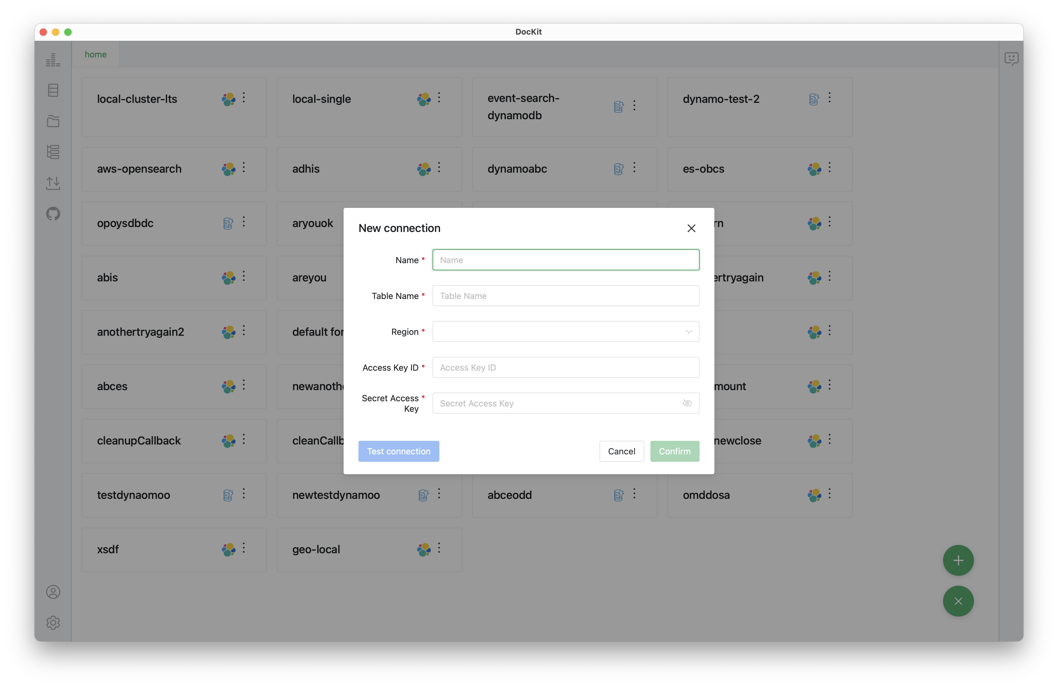 DocKit DynamoDB New Connection modal