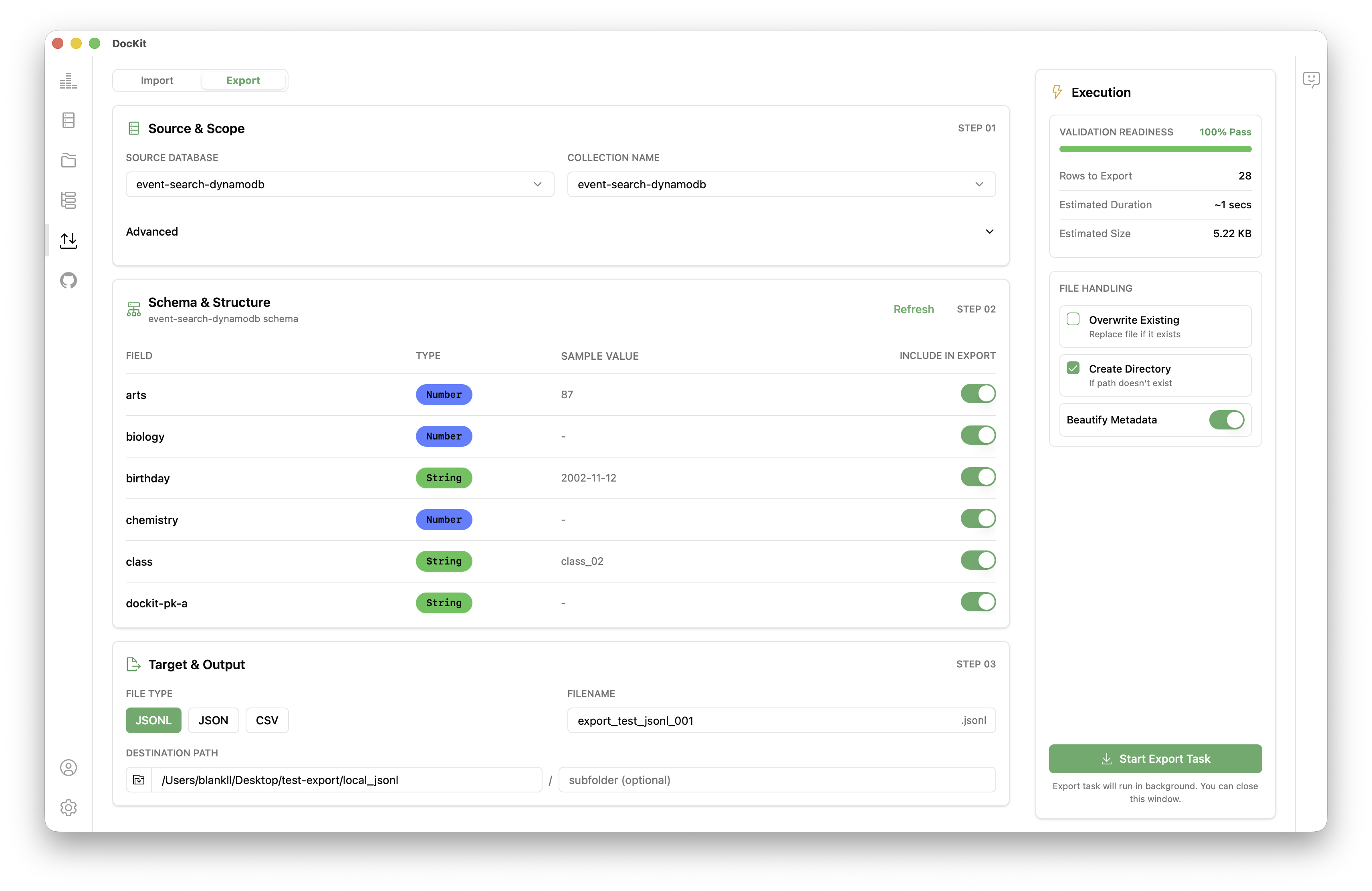 DocKit export data panel screenshot