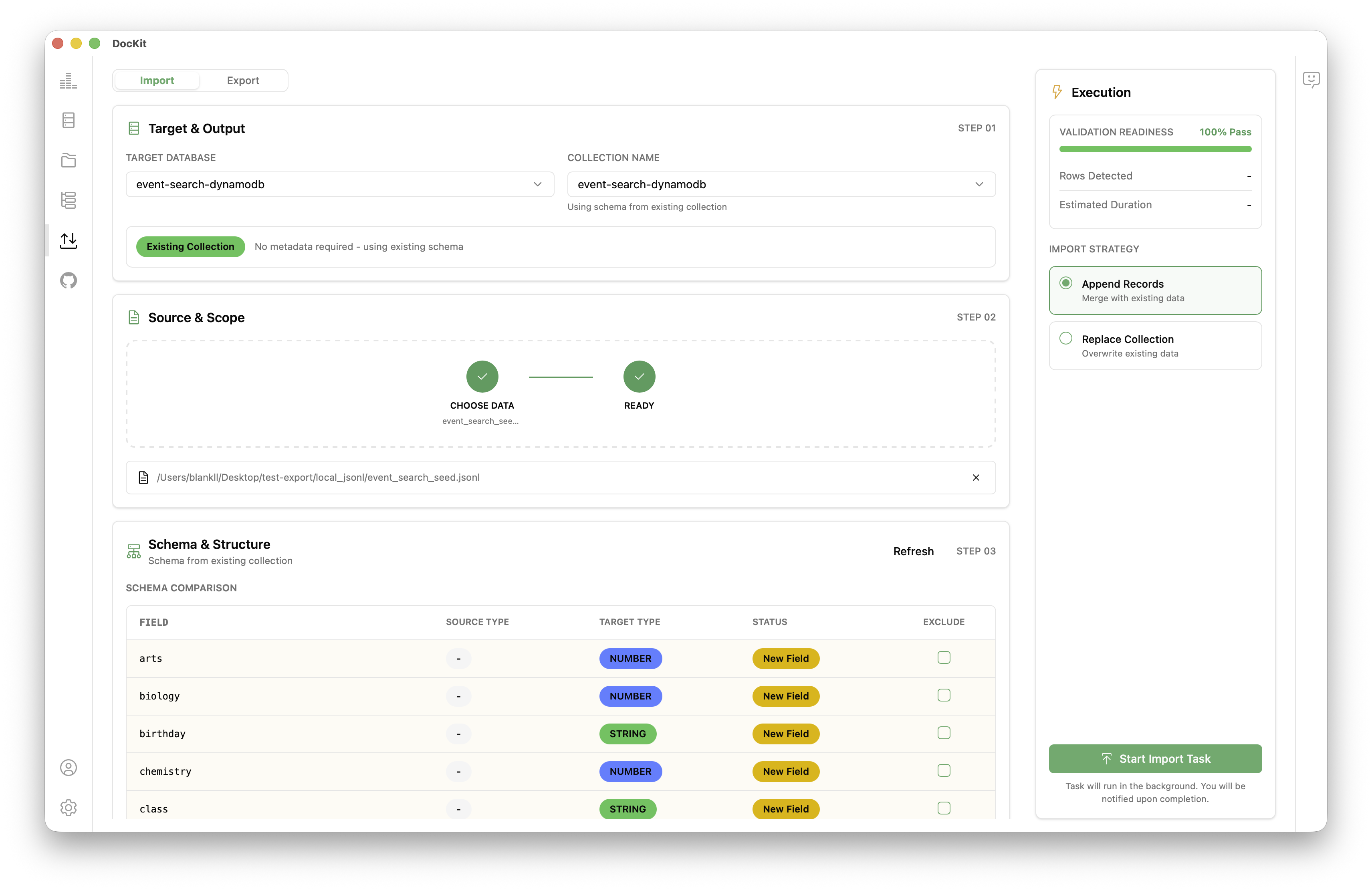 DocKit import data panel screenshot