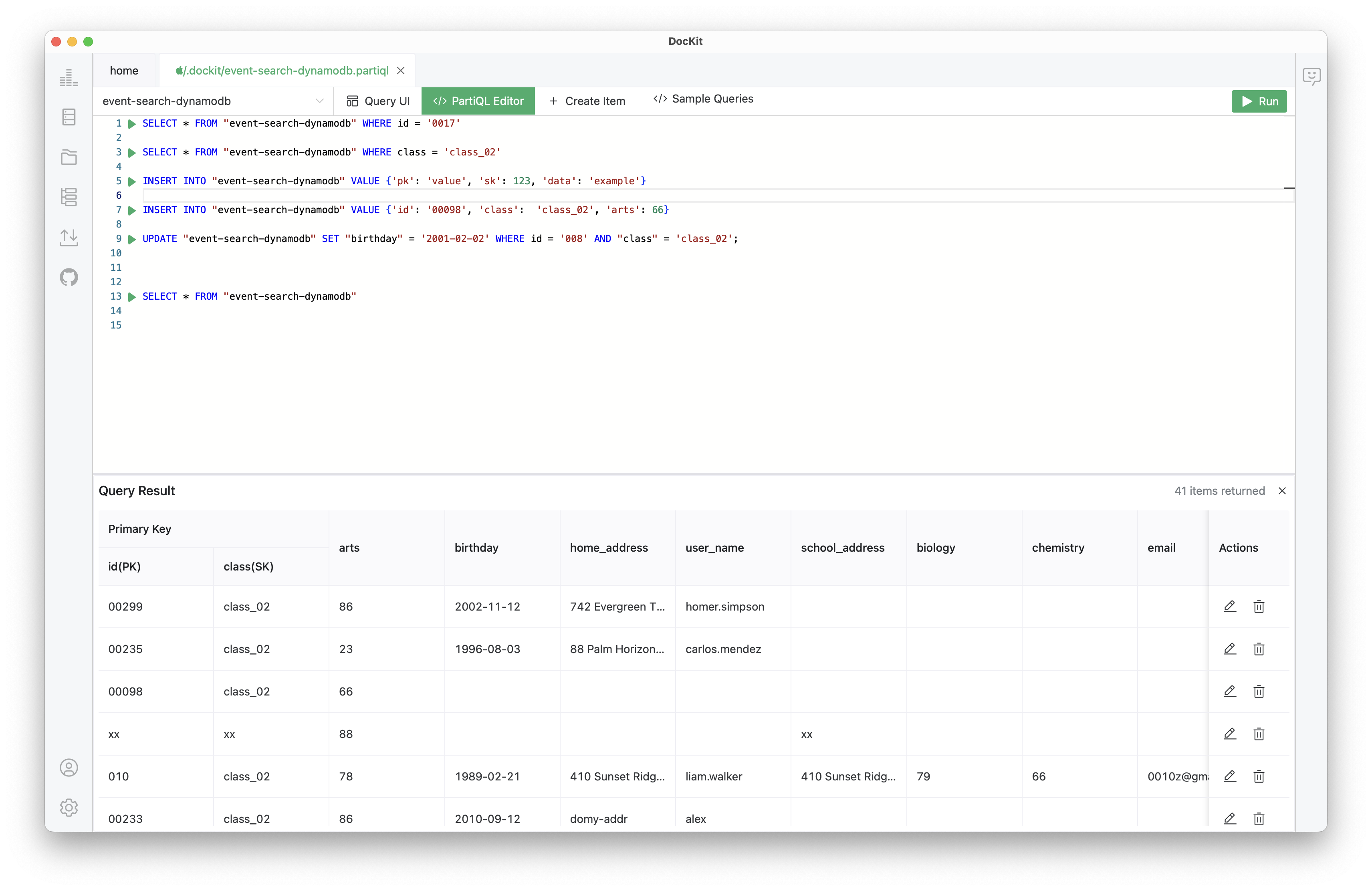 DocKit DynamoDB PartiQL editor