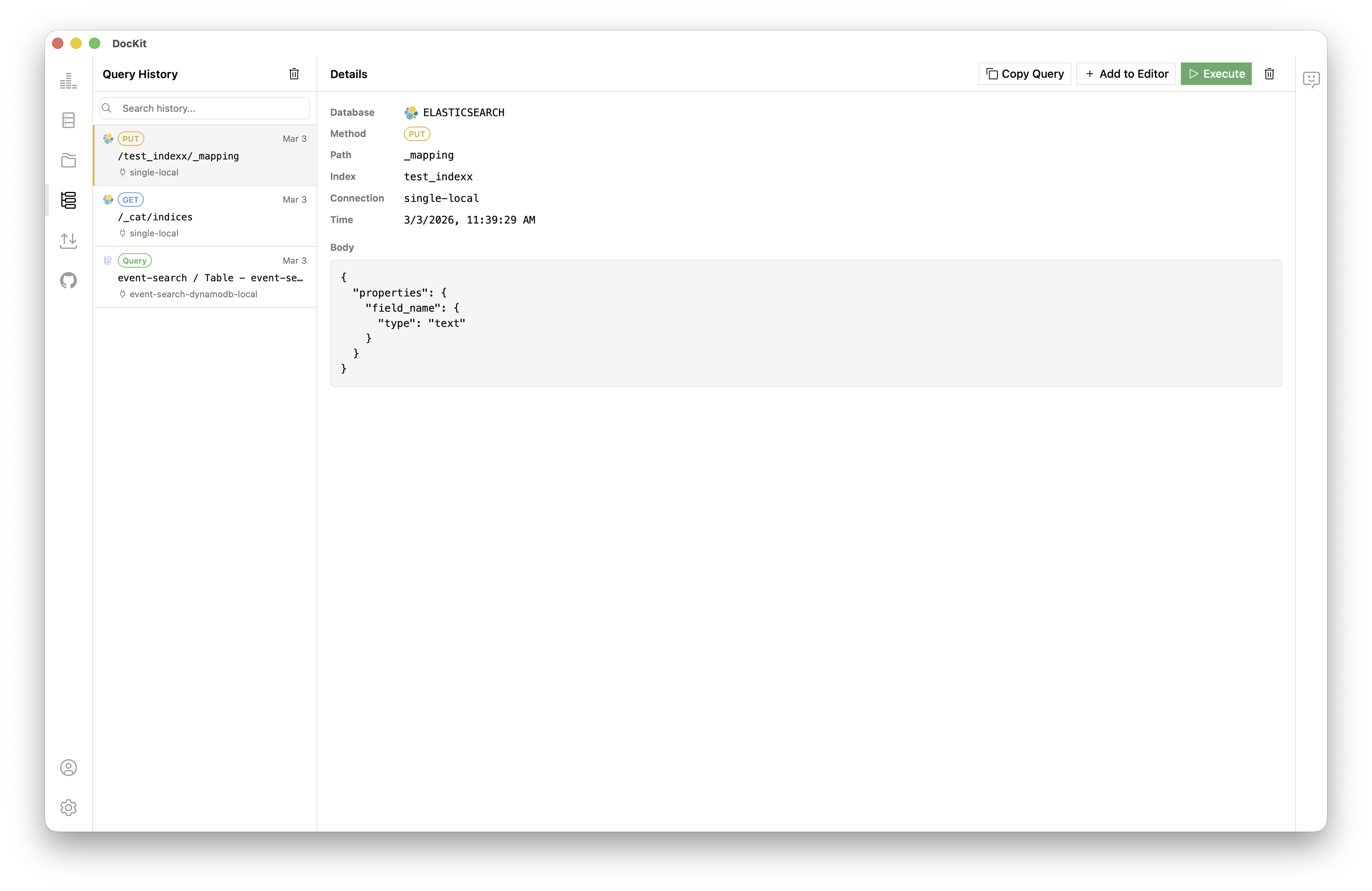 DocKit Query History panel screenshot